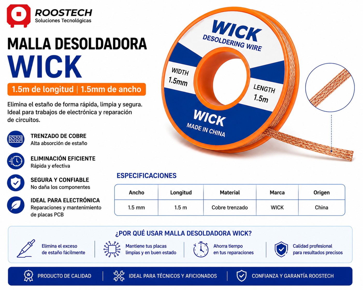 Malla Desoldadora WICK 1.5 mm × 1.5 m – Cinta de Cobre para Remoción de Estaño