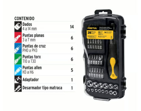 Juego de Copas Ratchet y Puntas 39 Piezas Cuadrante 1/4 Pulgadas Pretul