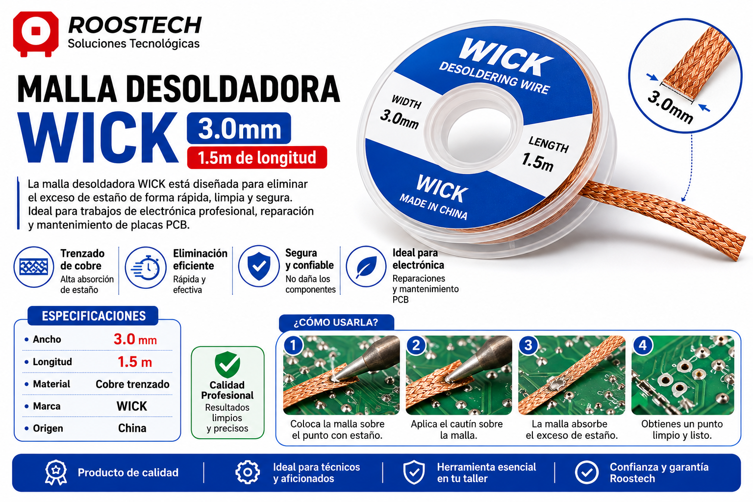 Malla Desoldadora WICK 3.0 mm × 1.5 m – Cinta de Cobre para Remoción de Estaño