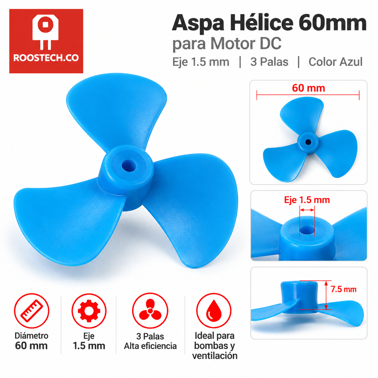 Propela (Hélice) Plástica 60mm para Motor DC 3 Aspas