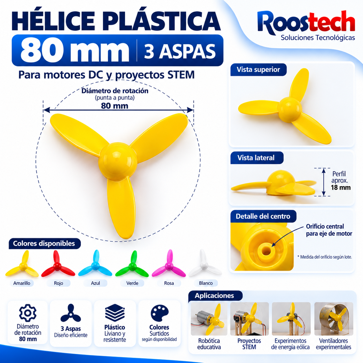 Hélice Plástica de 3 Aspas de 80 mm para Motor DC